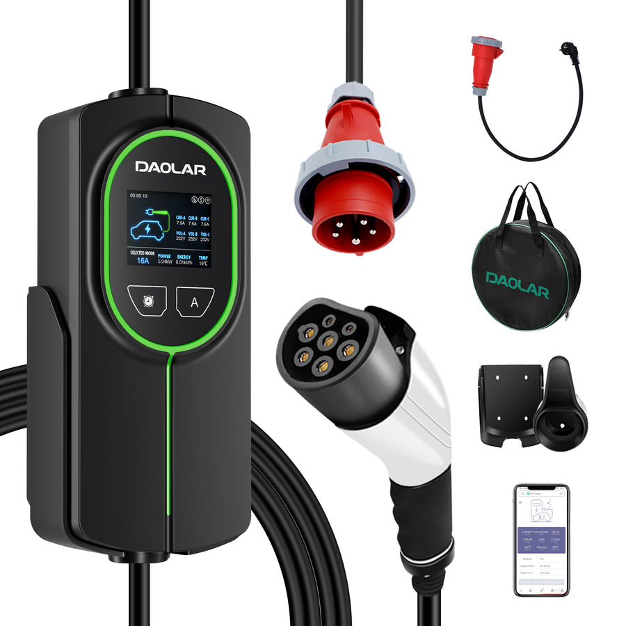 Daolar Typ 2 Mobile Wallbox 11 kW 3-Phasen 16 A 10 m EV Ladegerät für Elektroauto mit App Steuerung Einstellbare Ladeleistung, CEE 16A auf Typ 2 Ladekabel