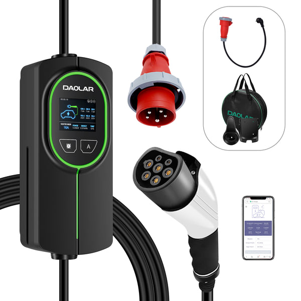 [Upgrade] Daolar WIFI 11KW EV Ladegerät 3-Phasen 16A Typ 2 ladekabel mit Ladegerätehalter und adapter, App-Steuerung EV Ladestation mit CEE-Stecker