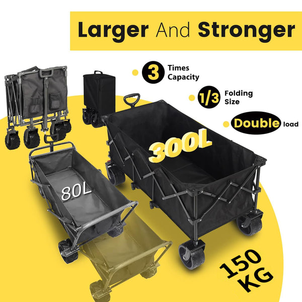 [XXL] Daolar Faltbarer Bollerwagen Heavy Duty 300L / 150kg, faltbarer Bollerwagen mit Bremse Große All-Terrain Strandräder & Getränkehalter Verstellbarer Griff