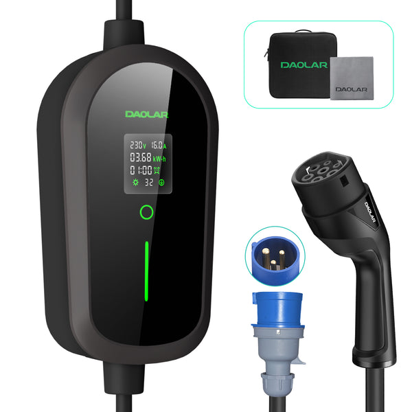 Daolar 7KW Mobile Mallbox 3-Pin CEE 32 A zu Typ 2 Autoladekabel, 1-Phase 32A EV Ladegerät mit Zeitplan für Modell Y/3, ID.3/4/5, MG4, EX30, e-up, e-tron, Zoe, Q4, Gla etc