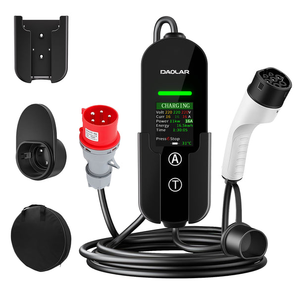 Daolar Mobile Wallbox/Ladestation 11kW Typ 2 Ladekabel [3-Phasig, 6-16A] mit Ladezeit steuern, IP65 Wasserdicht EV Ladegerät für EV PHEV IEC 62196-2