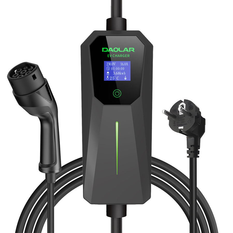 Daolar Typ 1 / Typ 2 Ladekabel Schuko 3.5 kW [1-Phase, 6-16A], Mobile Wallbox mit kontrollierbarer Digitalanzeige für Elektroauto, EV Ladegerät für Modell 3/Y, 3008/508, C5X, DS7, GLA, Q3, X3, ZOE, ID.3, ID.4 und andere PHEV/EV