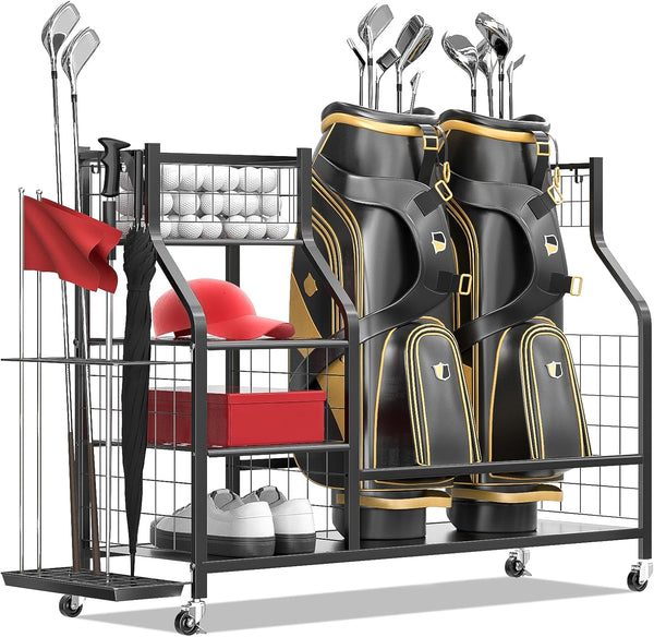 Daolar Golf Tasche Organizer Lagerung Garage: Extra große Metall-Golf Tasche Rack Stand passt für 2 Golf-Taschen / Schläger / Bälle / andere Ausrüstung Zubehör, Golf Lagerung Halter mit Rädern für Garage & Keller