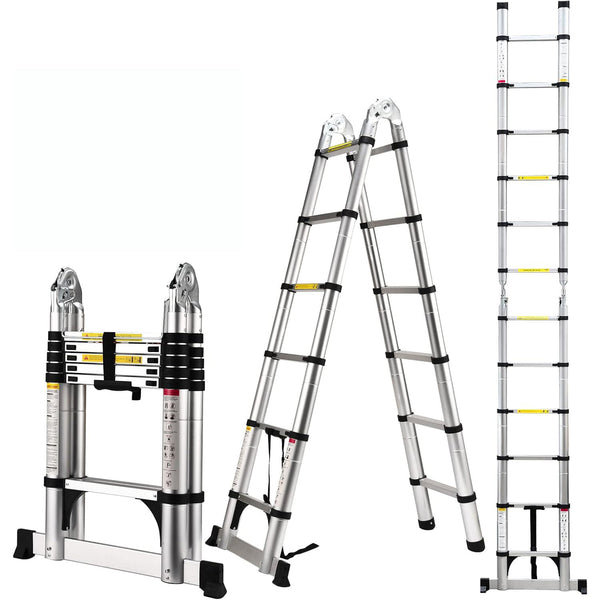 Daolar A Frame Aluminium Teleskopleiter mit Balancierstange und beweglichem Rad, Heavy Duty Leiter hält für 150kg für Haushalt, Outdoor