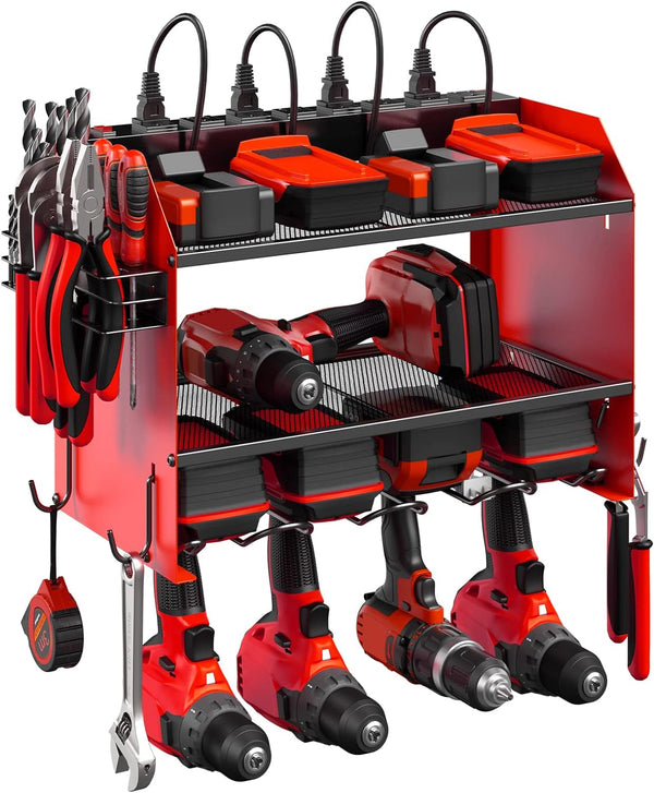 Daolar Modular Power Tool Organizer Wandhalterung mit Ladestation. Garage 4 Bohrer Lagerung Regal mit Haken, Schraubendreher, Bohrer Bit Heavy Duty Rack, Werkzeug-Akku-Halter gebaut in 8 Outlet Power Strip.