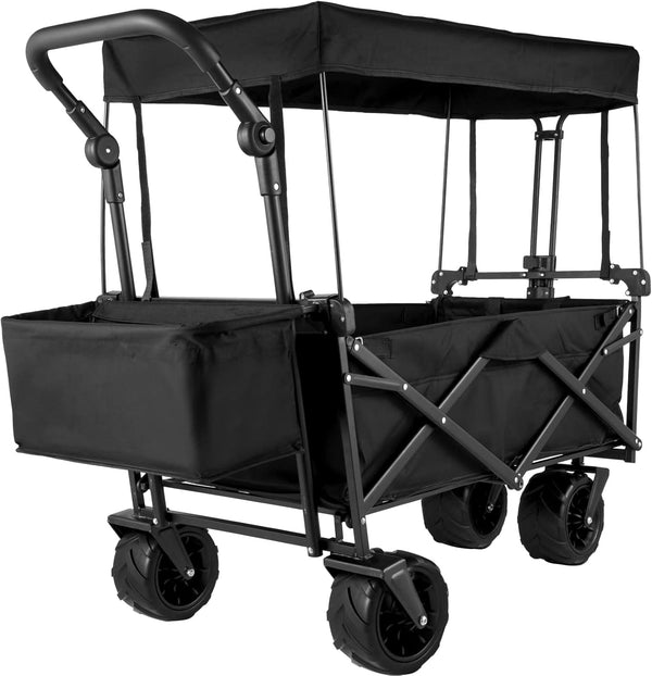 Daolar Faltbarer Handwagen mit Dach Gartenwagen inklusive 2 x 3-Punkt Gurtsystem, faltbar, Vollgummireifen, bis zu 225 kg, Vorder und Hinterbremse mit Tragetasche