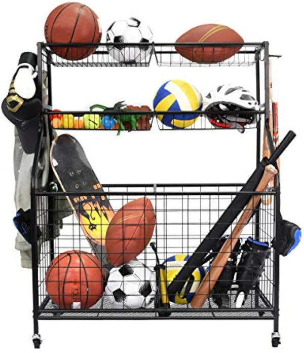 Daolar Garage Sports Equipment Organizer, Ball Storage Rack, Ball Storage Garage, Garage Organizer, Rolling Sports Ball Storage Cart, Schwarz, Stahl