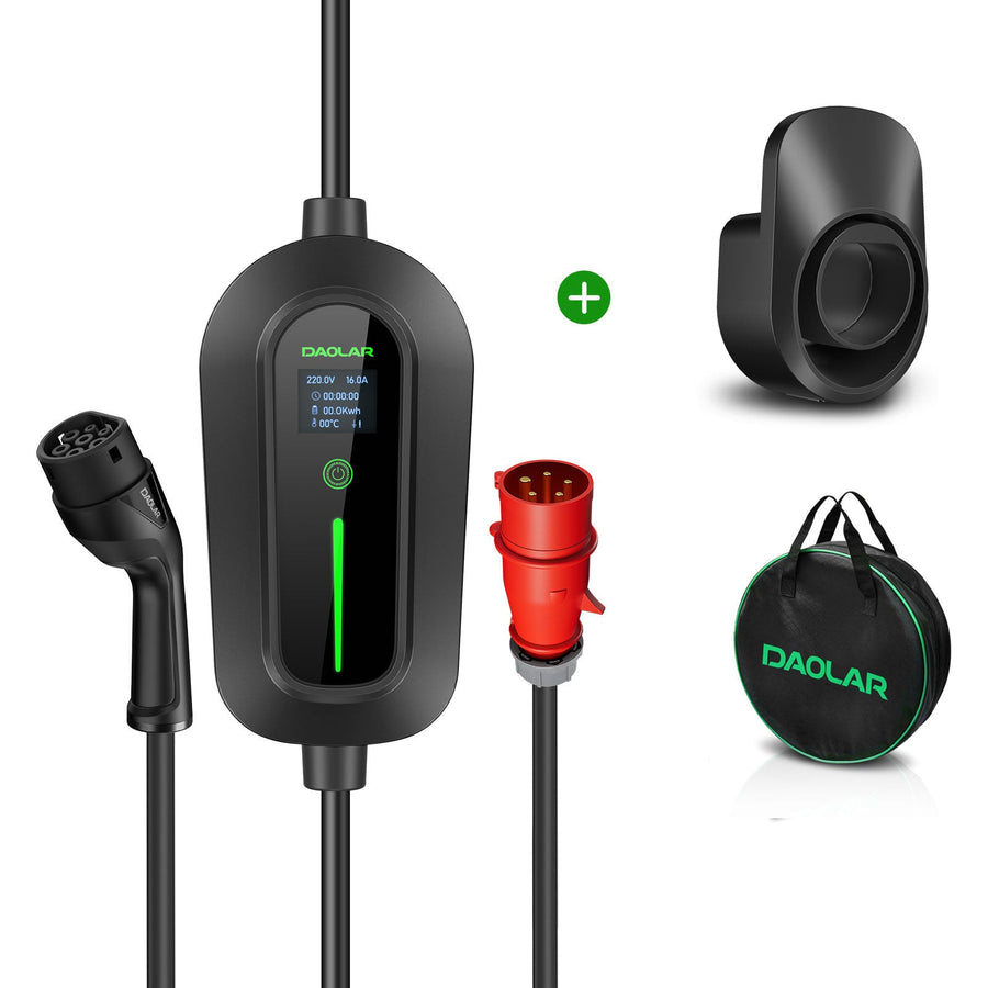 Daolar Typ 2 Ladekabel 16A EV Ladegerät für EVs PHEVs, Tragbare EV Ladestation mit 3-Phasen CEE Stecker, 5M / 10M Ladekabel, Einstellbarer Strom und Einstellung Startzeit